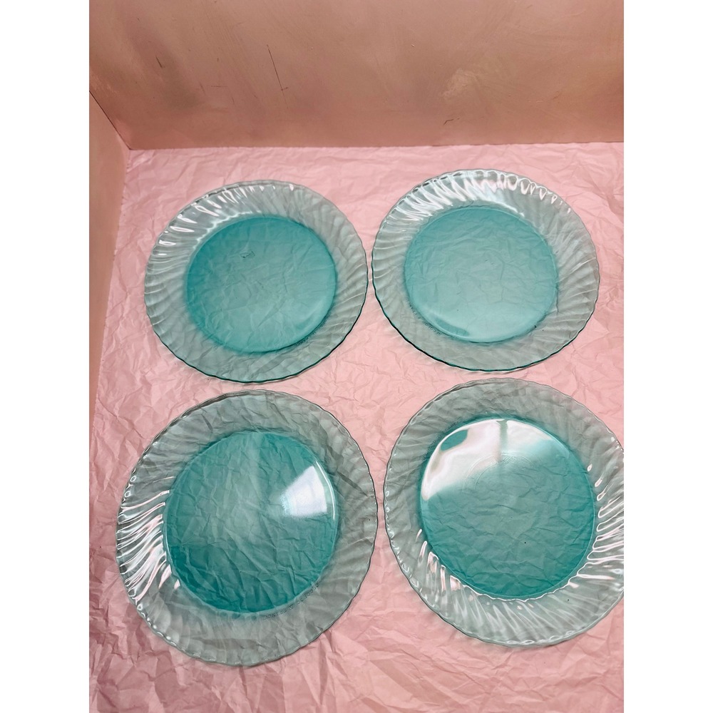 Arcoroc France Teal Glass Salad Dessert Plates Set of 4 Swirl Rim 7.5" Vintage